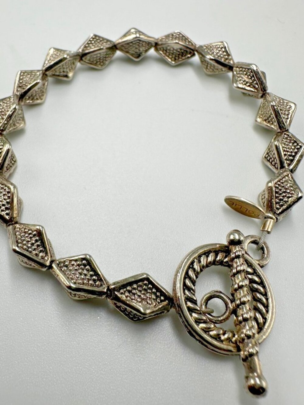 3/$30 Pollie Bracelet Silver Tone Textured Diamond Link Toggle Clasp 6.5 Inch